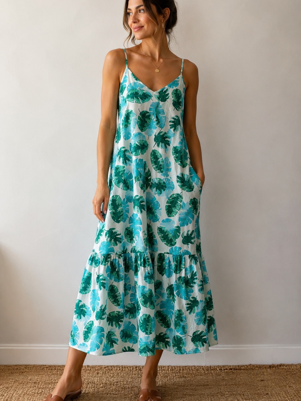 J.Grew Tropical Leaf Print Spaghetti Strap Dress - Green & Aqua